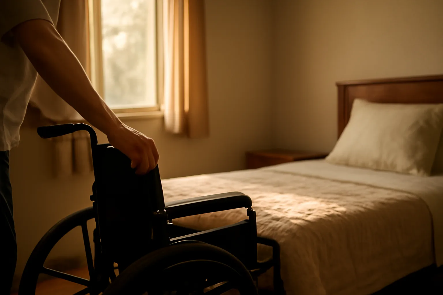 Caregiver adjusting a wheelchair in a sunlit Oregon group home bedroom