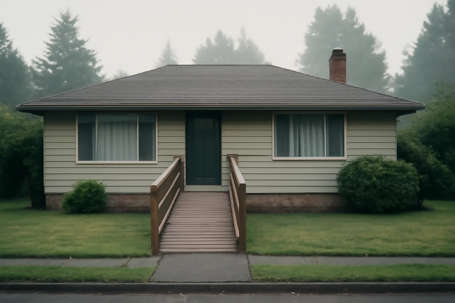 Oregon group home exterior with wheelchair ramp in early morning light