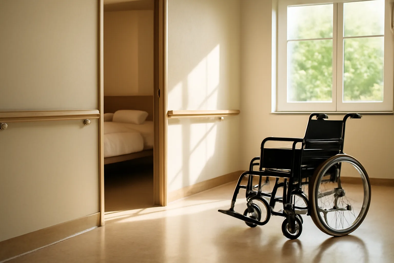 Sunlit hallway in a Pennsylvania assisted living residence with handrails and open door
