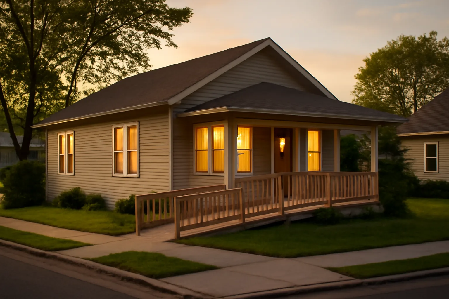 Small residential assisted living home on a suburban street at dusk