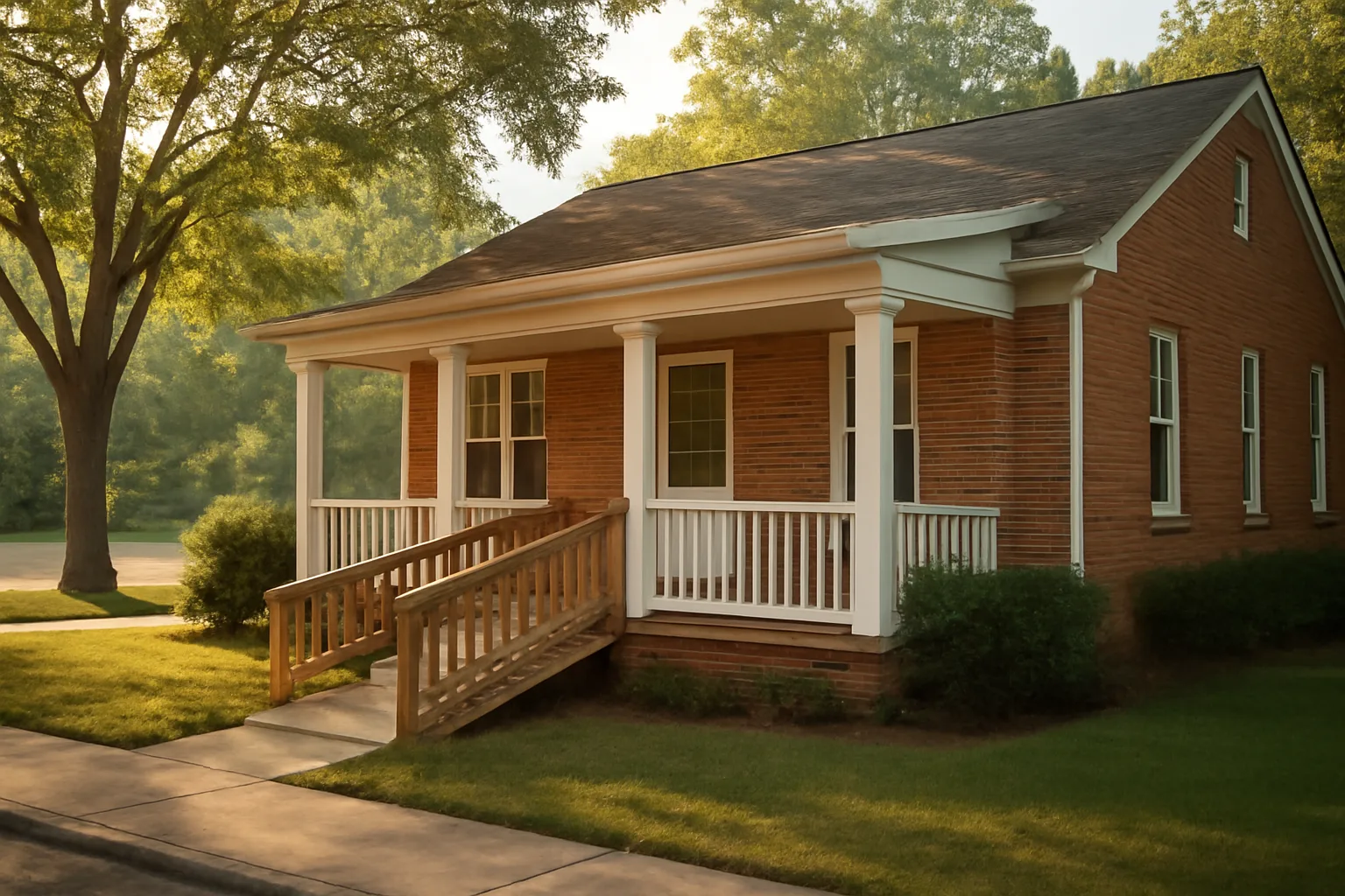 Single-story residential house with ramp representing a licensed group home in Georgia