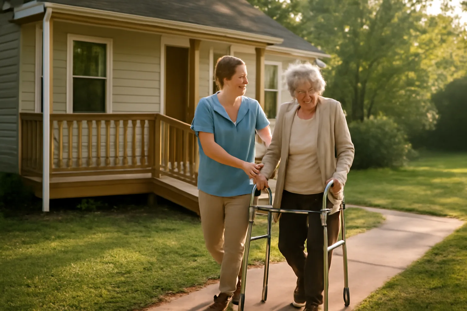Caregiver assisting an elderly resident outside a small licensed residential care home