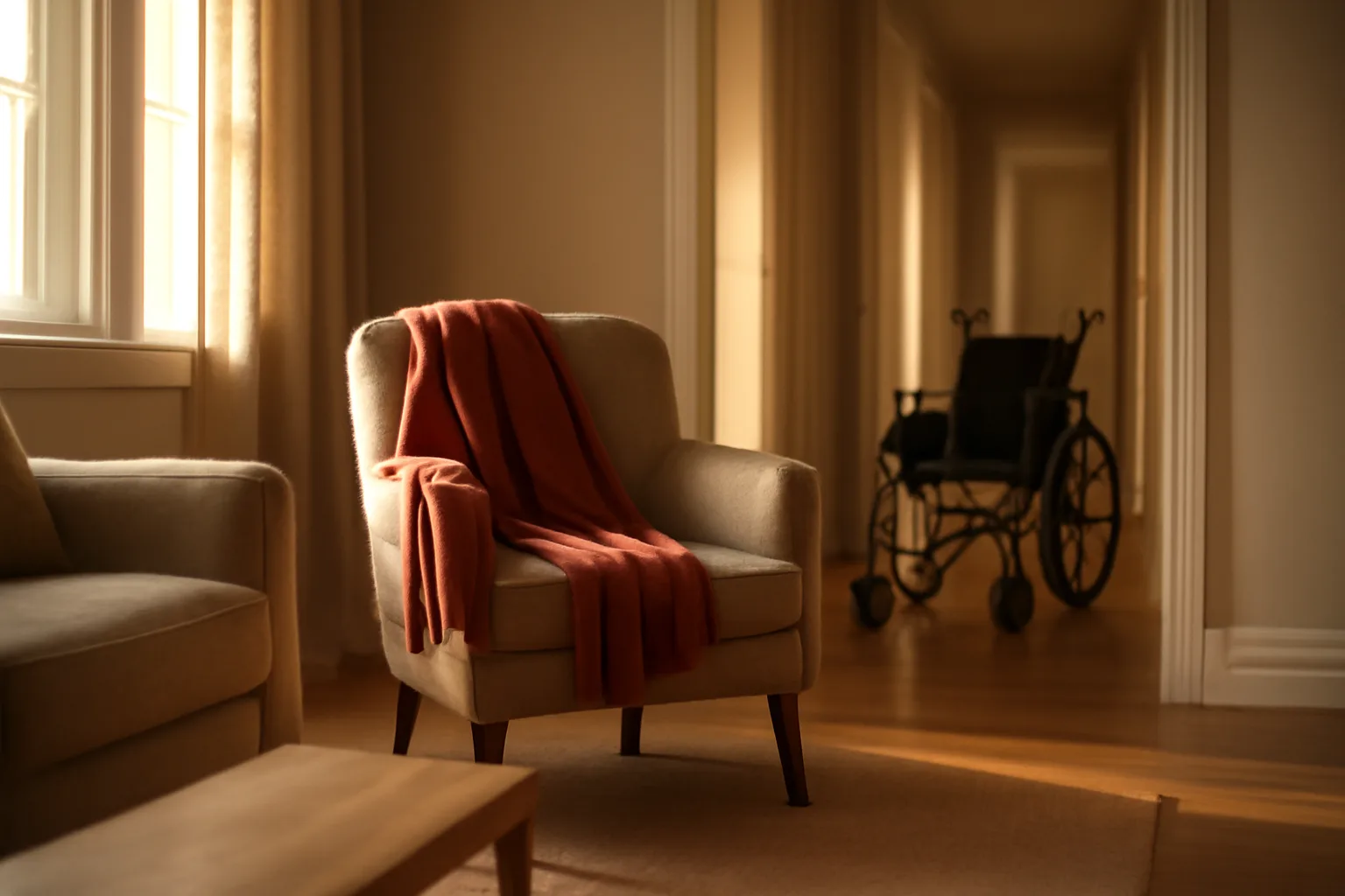 Sunlit hallway inside a small residential assisted living home with an empty wheelchair ramp