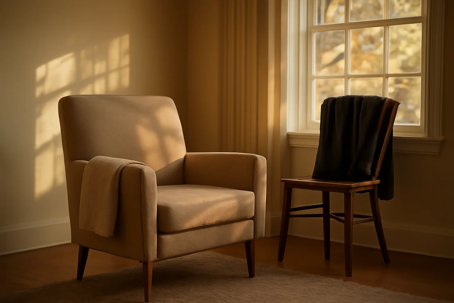 Sunlit living room in a residential assisted living home with an empty armchair