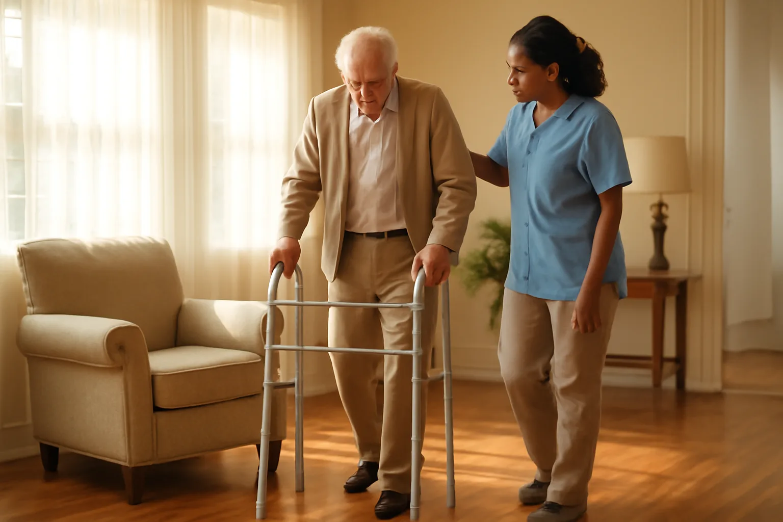Caregiver assisting an older adult in a sunlit residential assisted living home living room