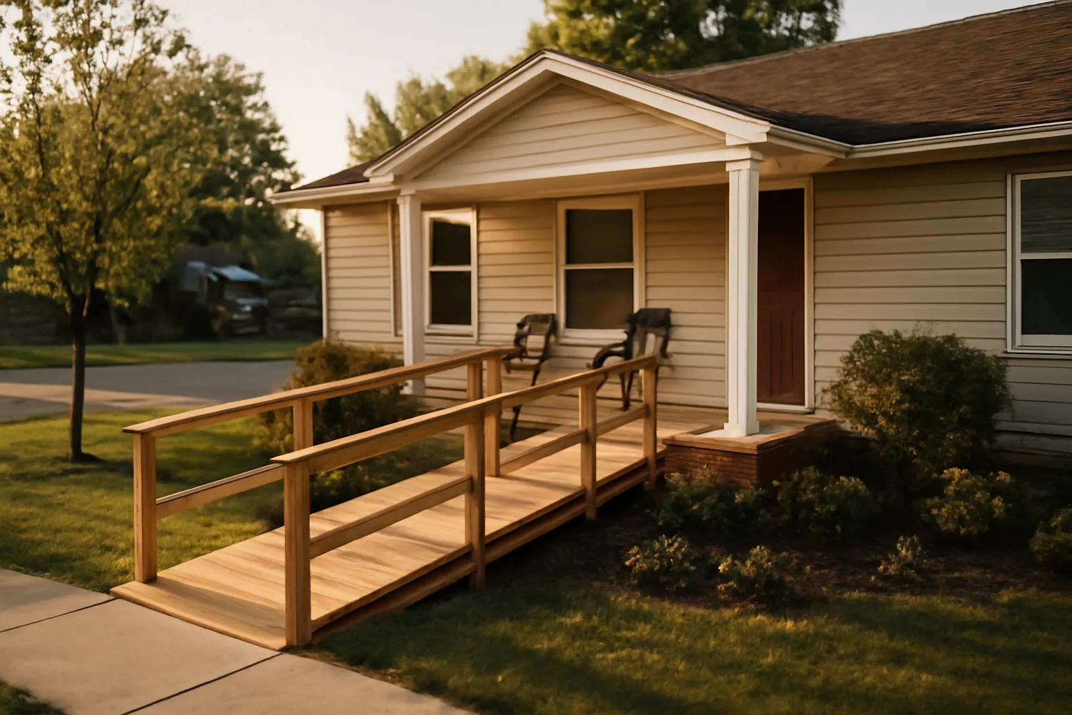 Single-story residential home with wheelchair ramp used for assisted living care