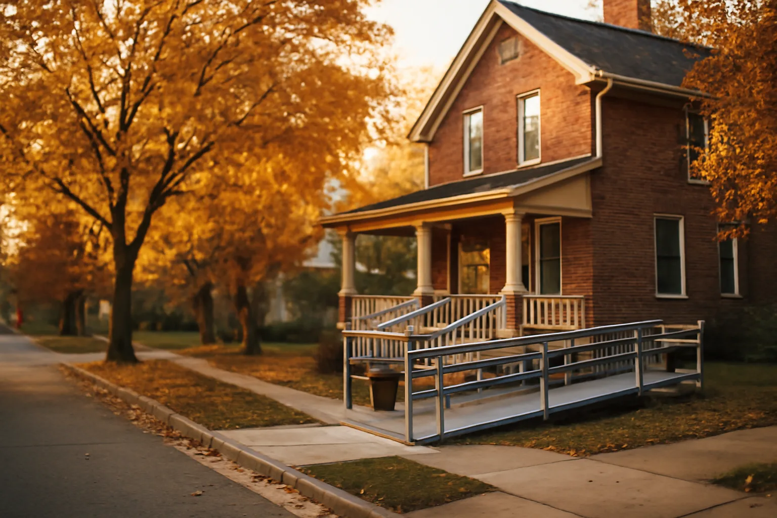 Renovated brick house with wheelchair ramp representing residential assisted living in Evanston IL