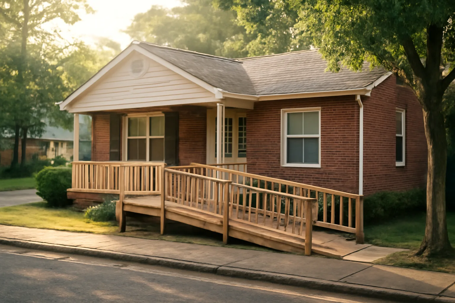 Brick residential home with wheelchair ramp representing a residential assisted living property