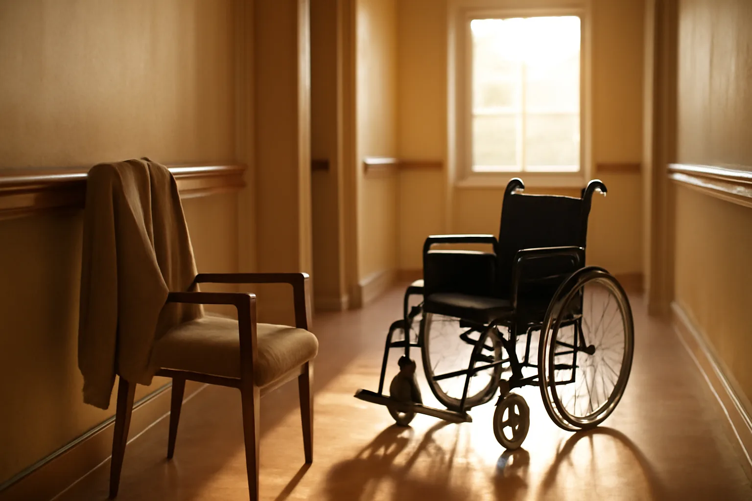 Sunlit hallway with handrails inside a Georgia residential assisted living home