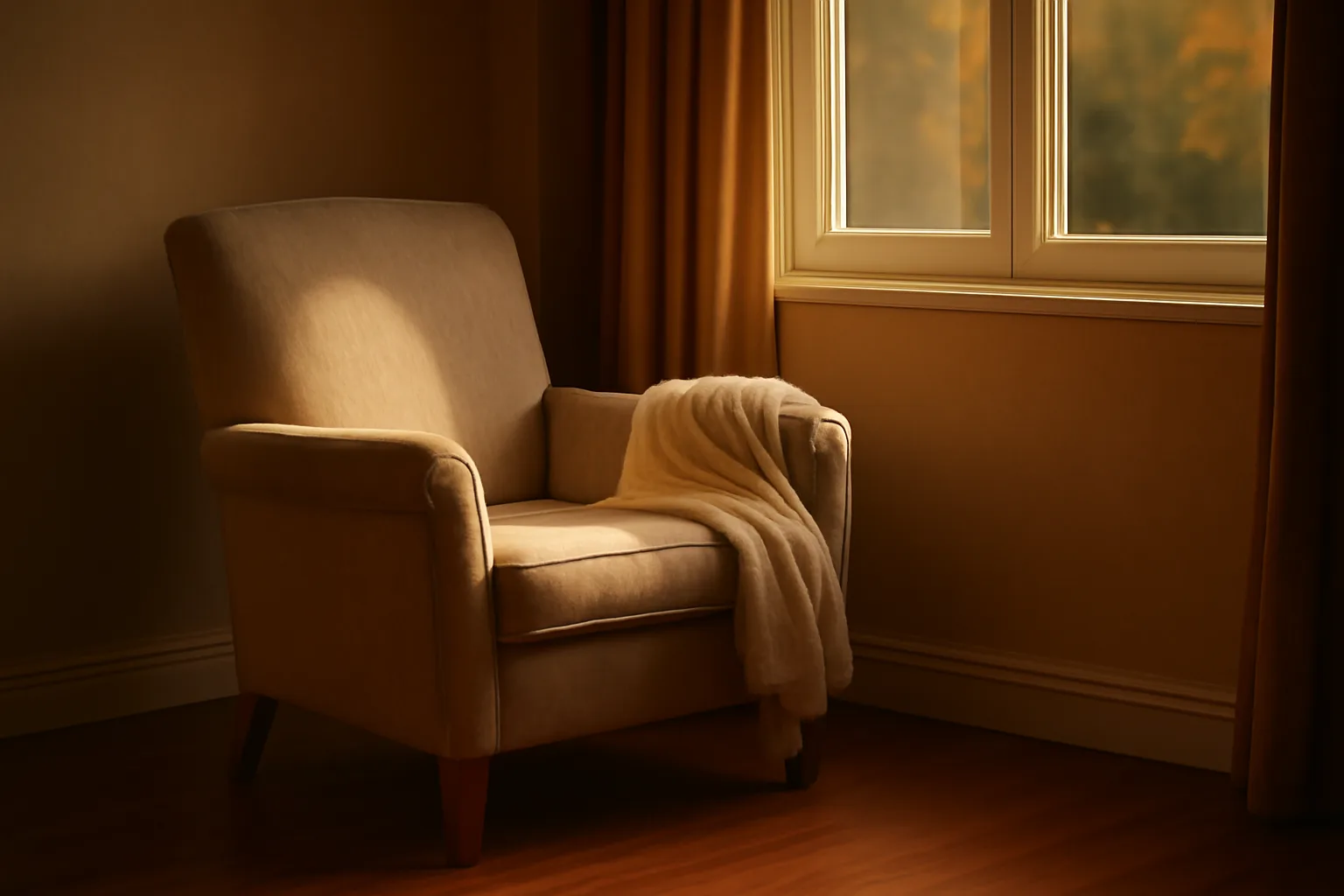 Sunlit living room in a small residential assisted living home with an empty armchair
