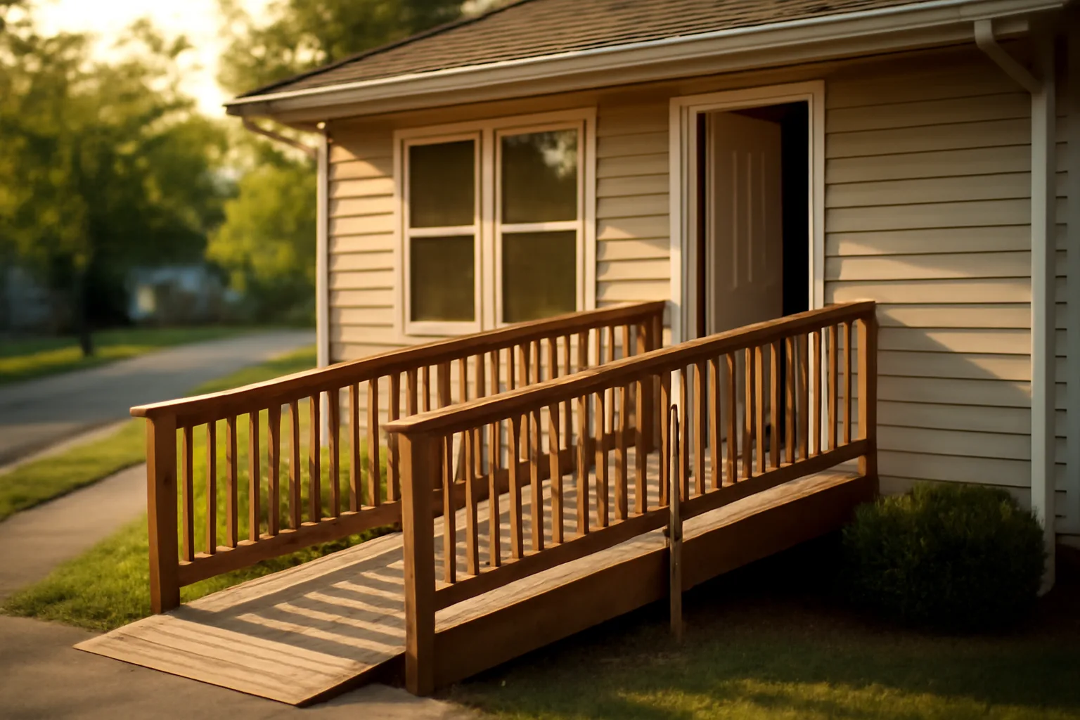 Single-story residential group home with wheelchair ramp in afternoon light