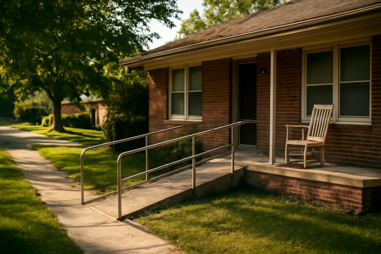 Single-story brick home with wheelchair ramp representing residential assisted living in NC