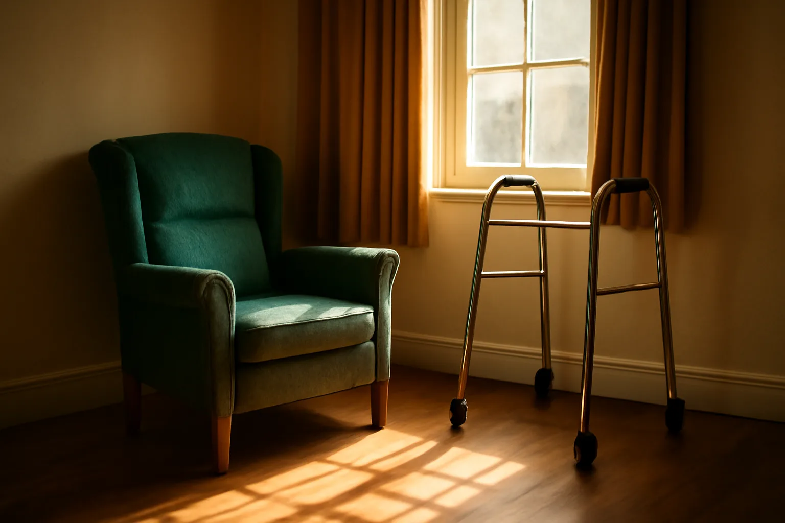 Sunlit living room in a residential assisted living home near North Chicago with an empty armchair and walker