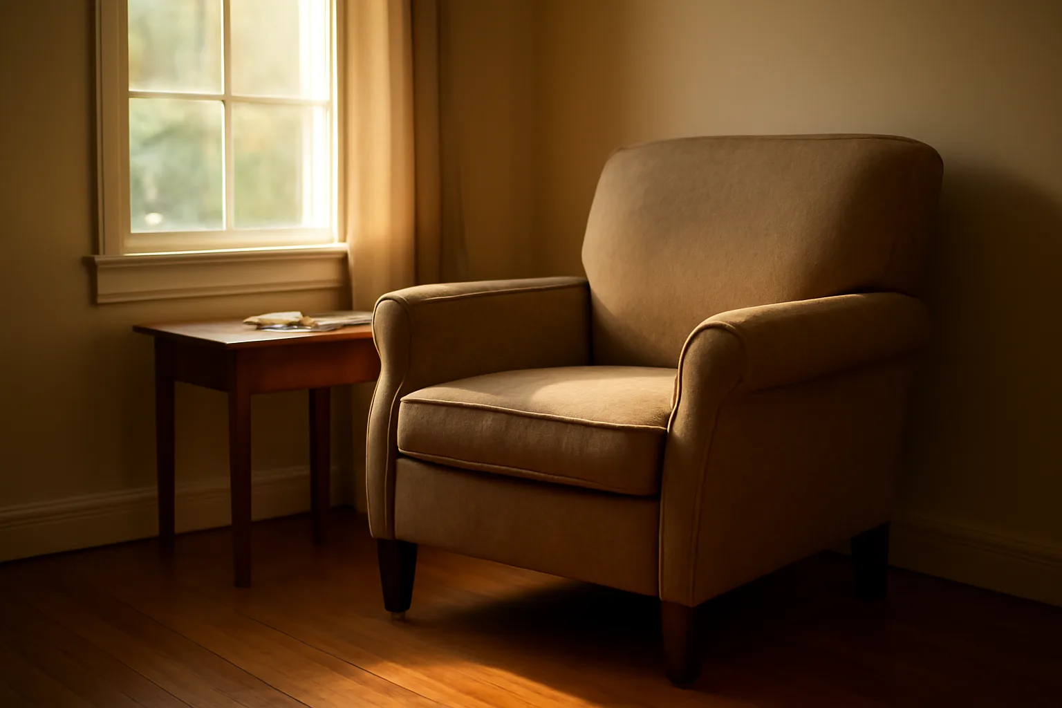 Sunlit living room in a small residential assisted living group home with an empty armchair