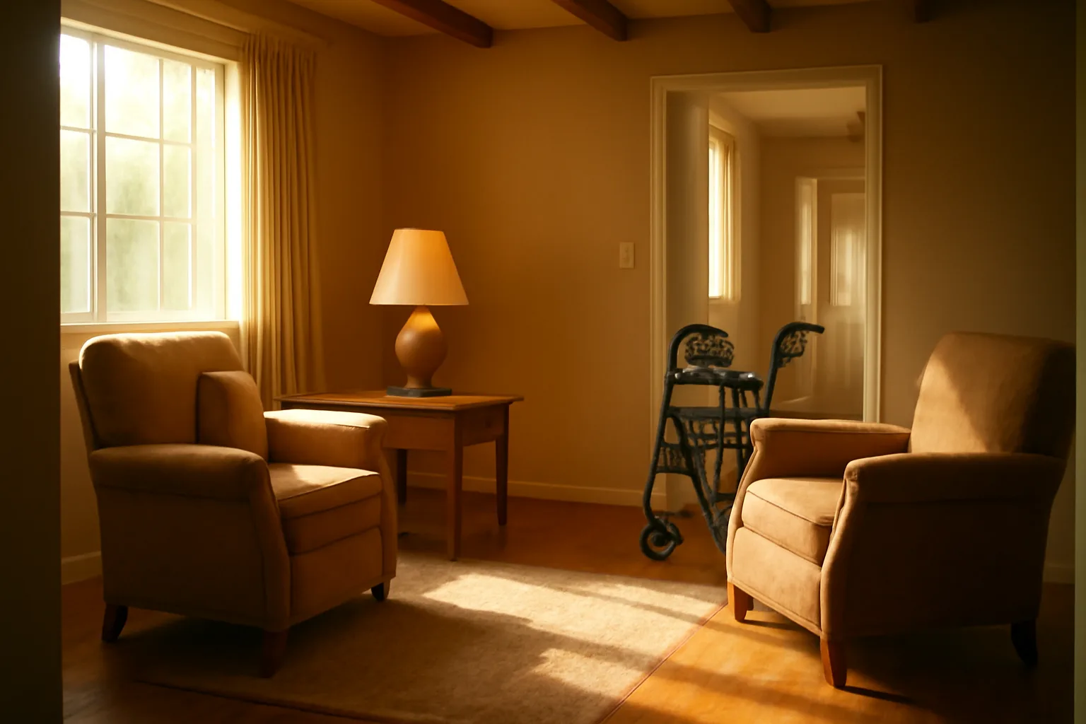 Sunlit living room hallway inside a converted single family home used for residential assisted living