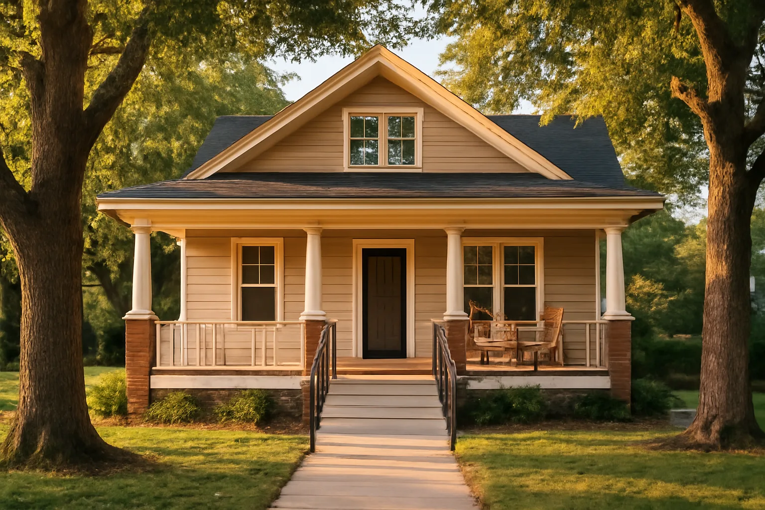 Residential assisted living home exterior with porch and wheelchair ramp in afternoon light