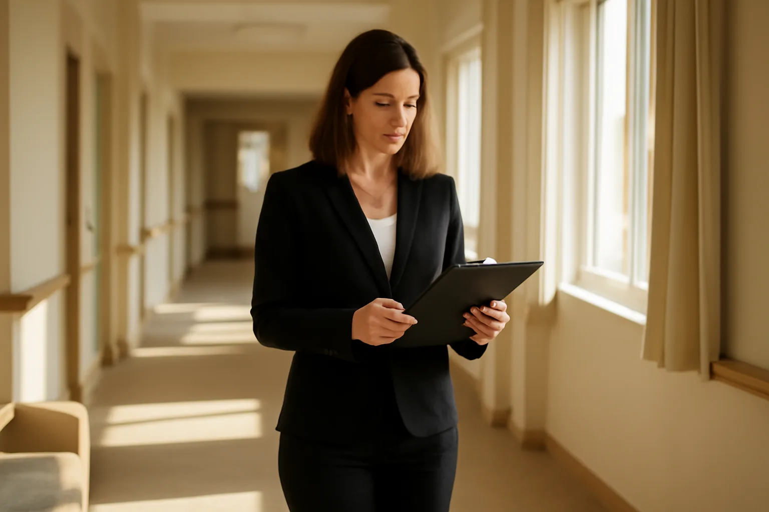 Assisted living administrator walking through a residential care facility hallway