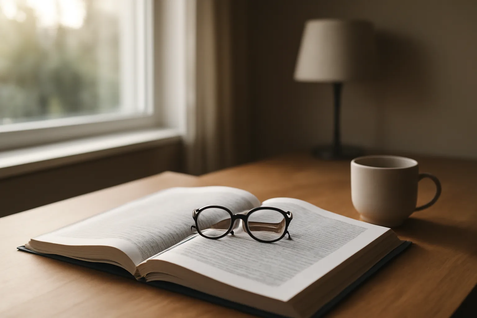 Desk scene with an open binder and coffee mug during assisted living exam study session