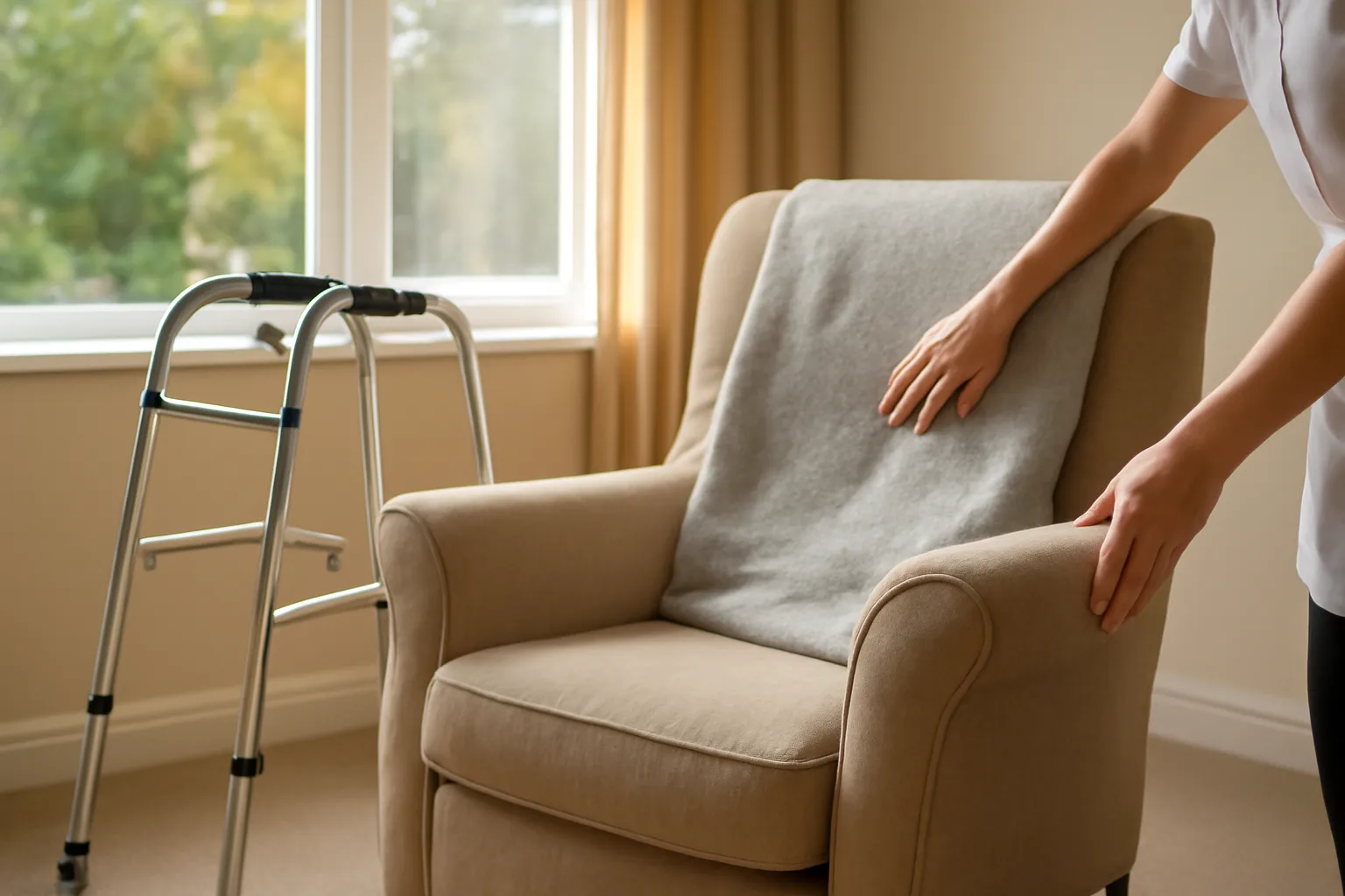 Sunlit living room in a small residential care home with an armchair and walker near the window
