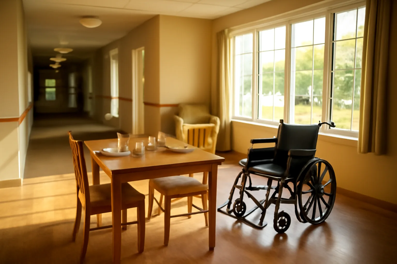Bright assisted living facility common area showing hallway and dining table in morning light
