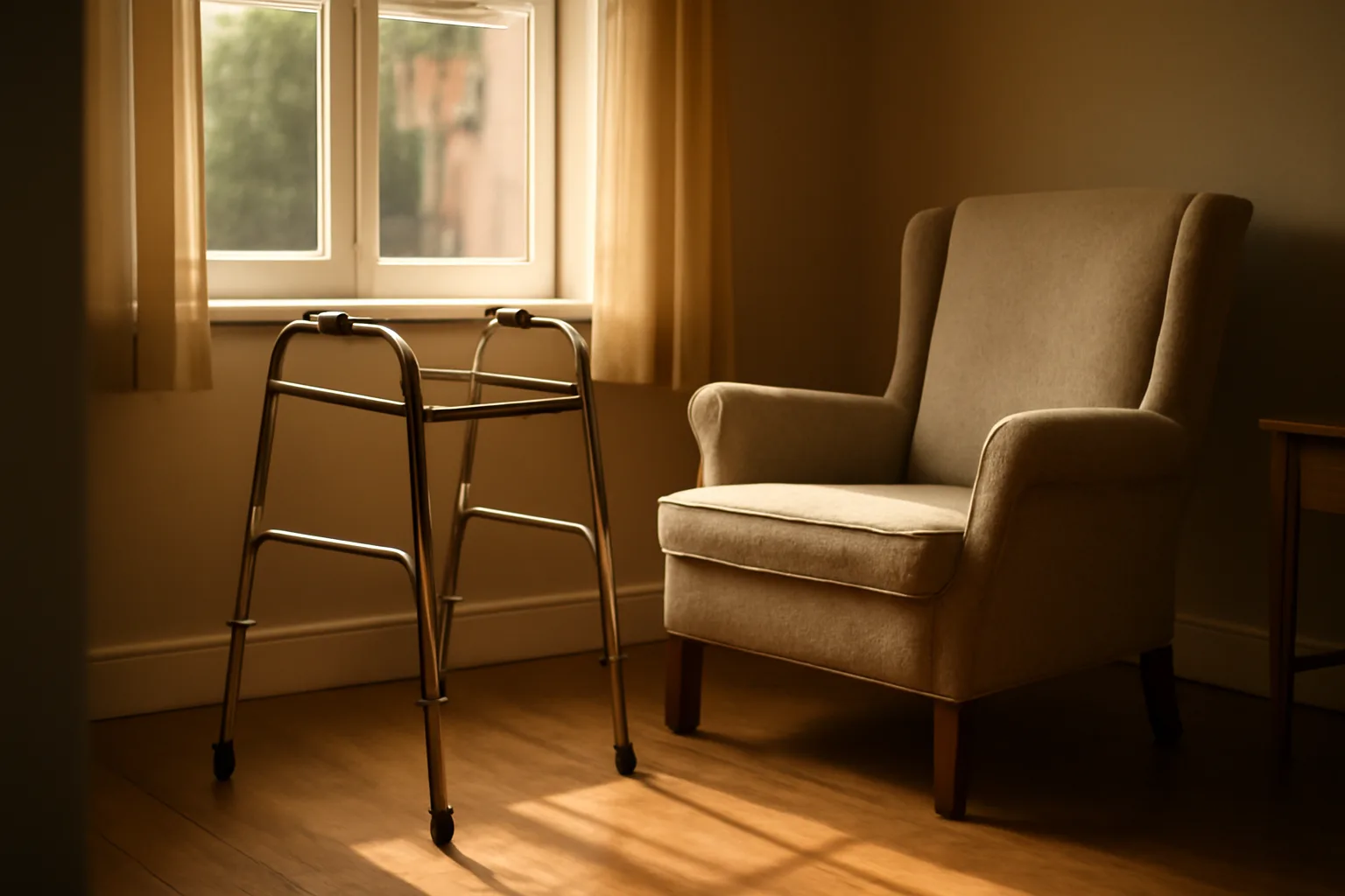 Sunlit living room in a residential assisted living home with an empty chair and walker