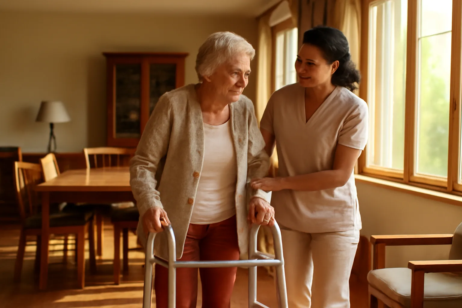 Caregiver assisting an older adult in a South Carolina assisted living common room