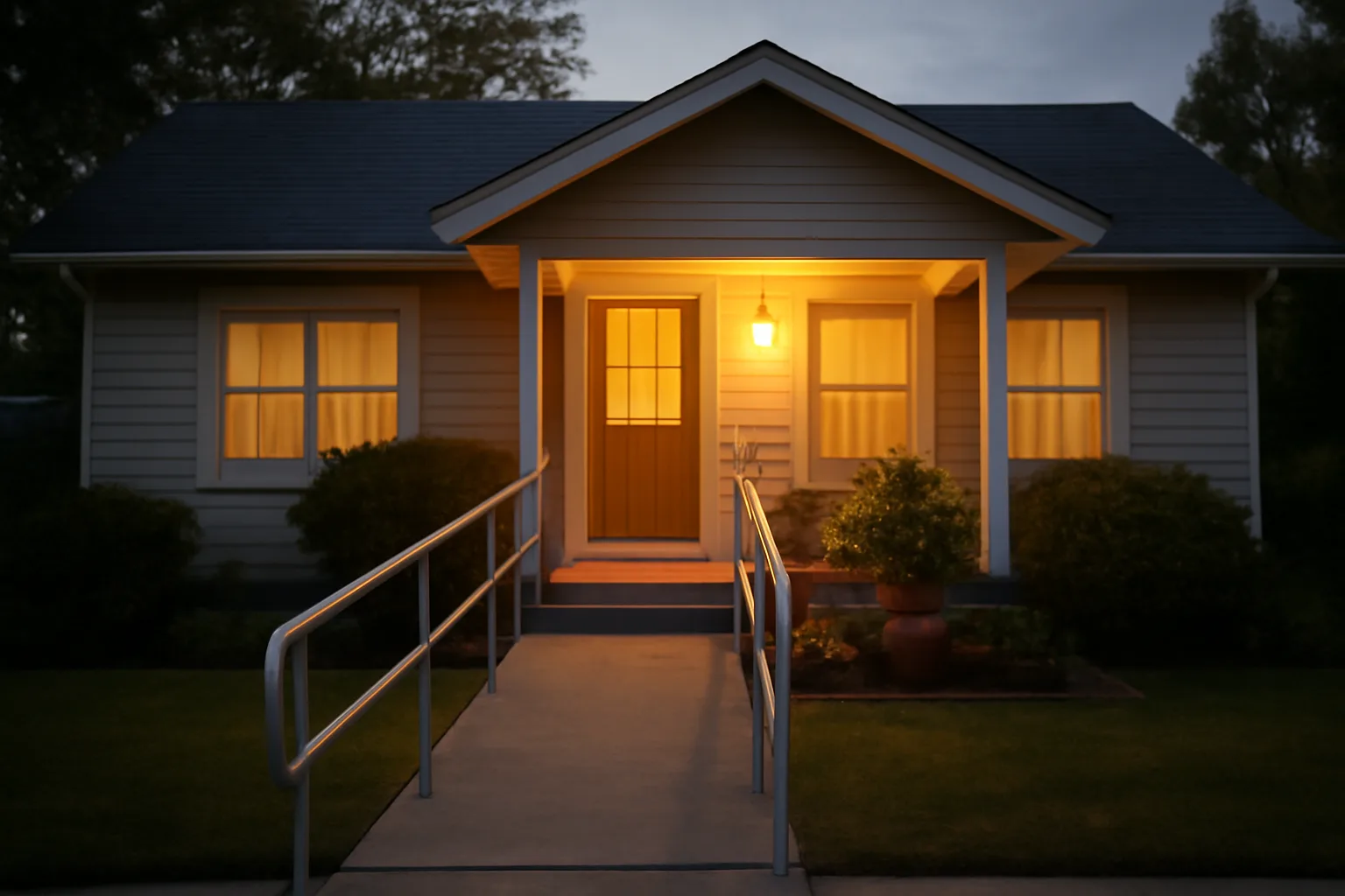 Small converted house used as a residential assisted living group home at dusk