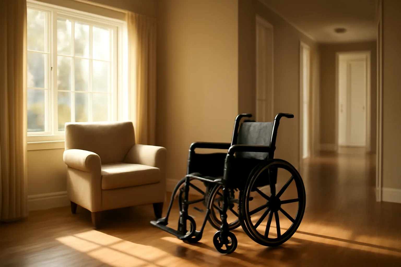 Sunlit living room in a residential assisted living facility with an empty wheelchair by a chair