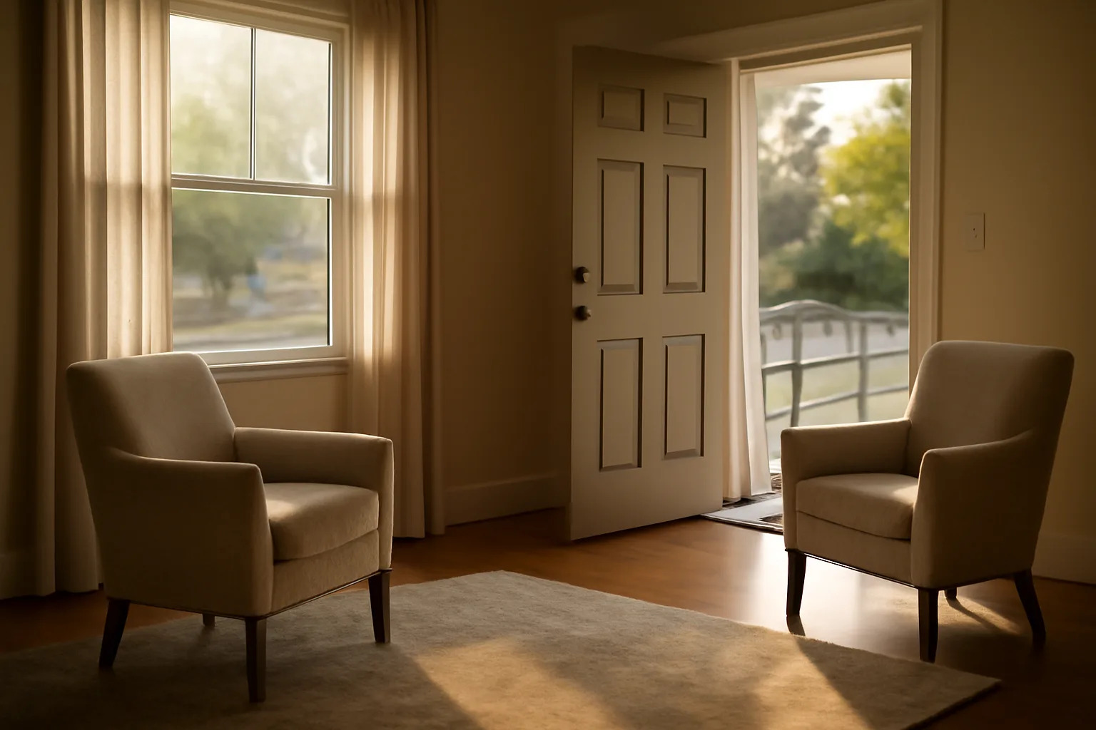 Sunlit living room and ramp entrance of a home being converted into assisted living