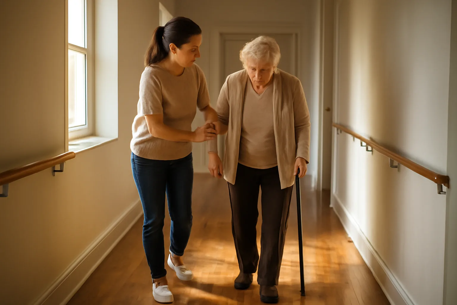Caregiver assisting an older adult in a hallway inside a residential assisted living home