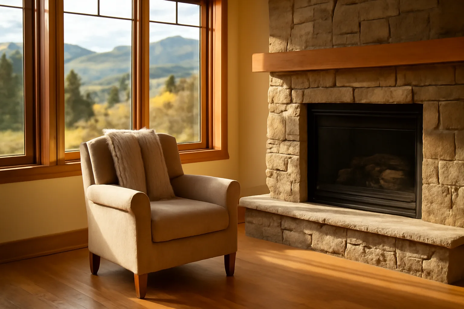 Sunlit living room in a Colorado assisted living residence with empty armchair and fireplace