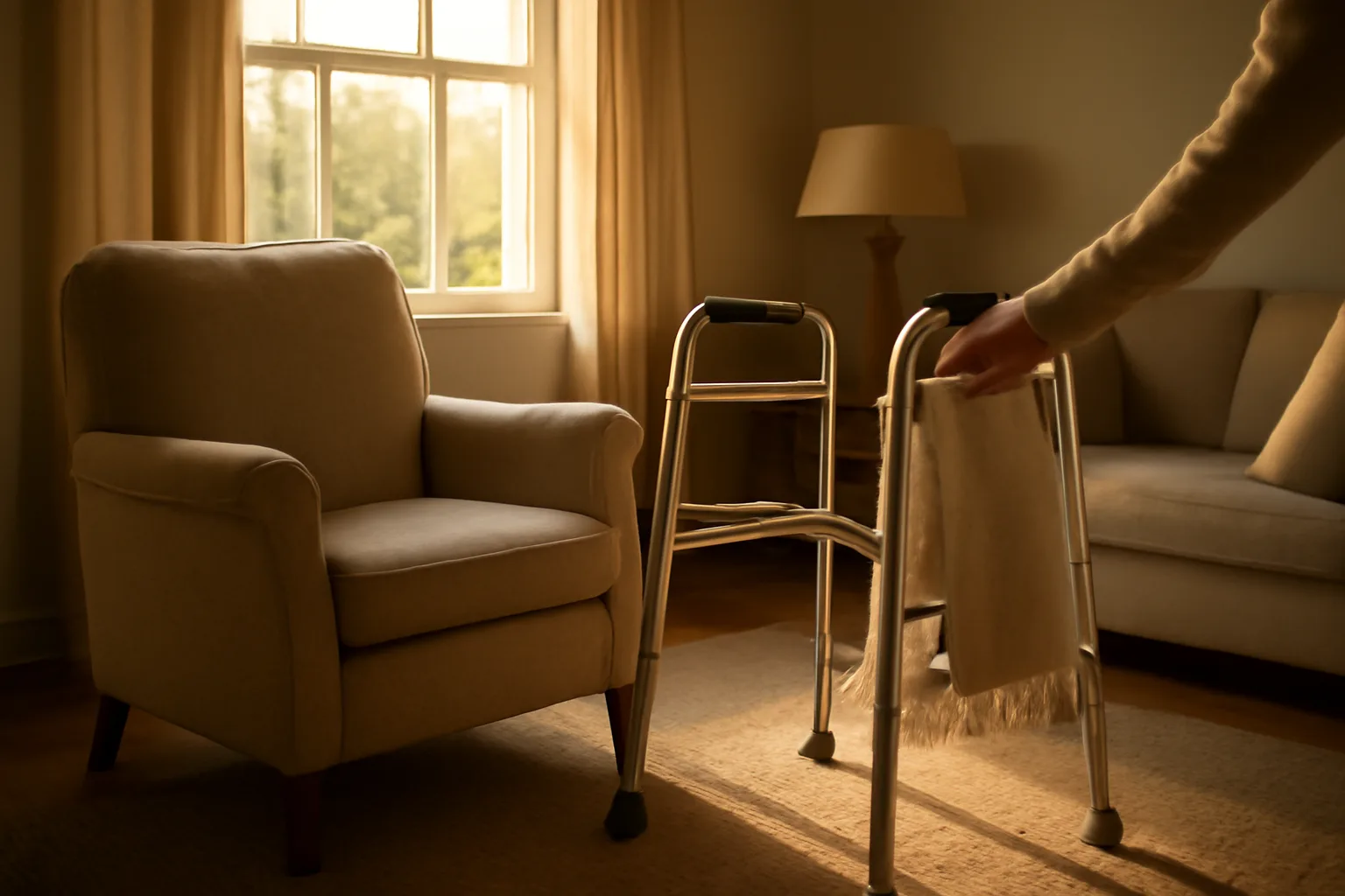 Caregiver adjusting a blanket in a home-style Michigan assisted living living room