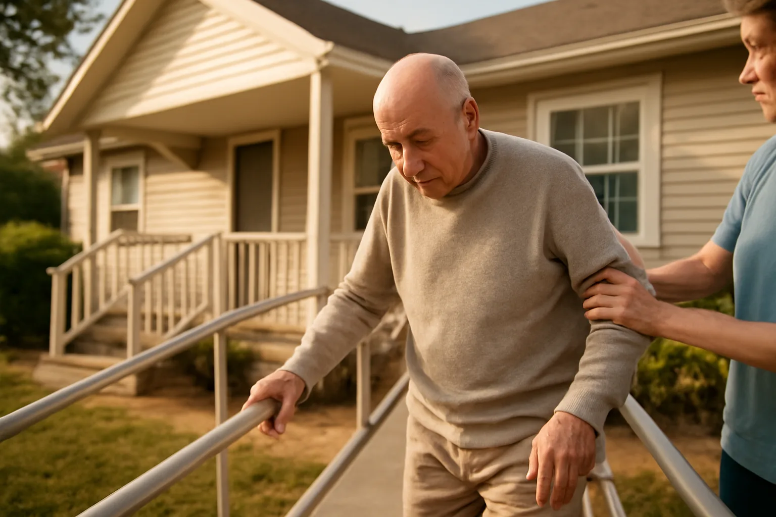 caregiver assisting an older adult down a ramp outside a residential care home