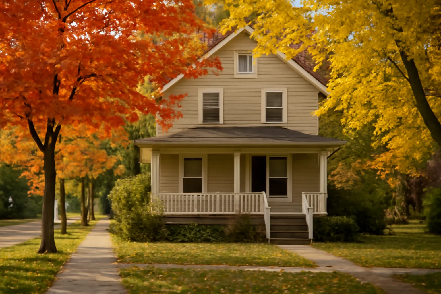 Single-family residential home on a suburban Michigan street in fall