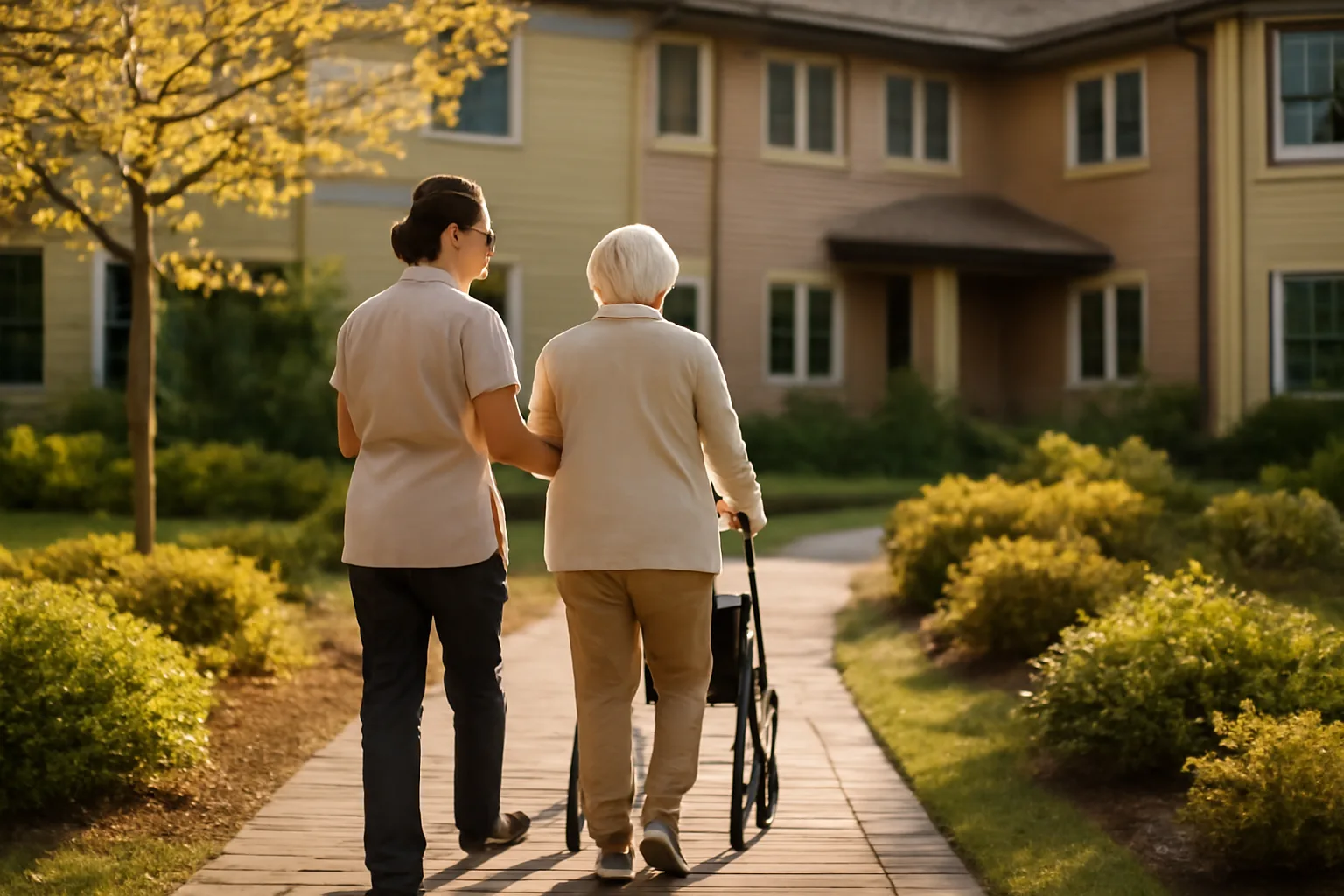 Caregiver and elderly resident walking outside an assisted living facility at sunset