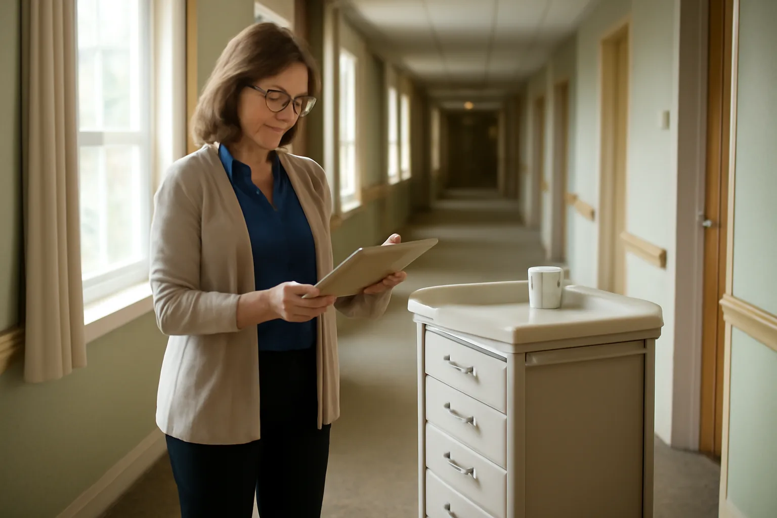 Assisted living administrator reviewing care records in a Washington residential facility hallway