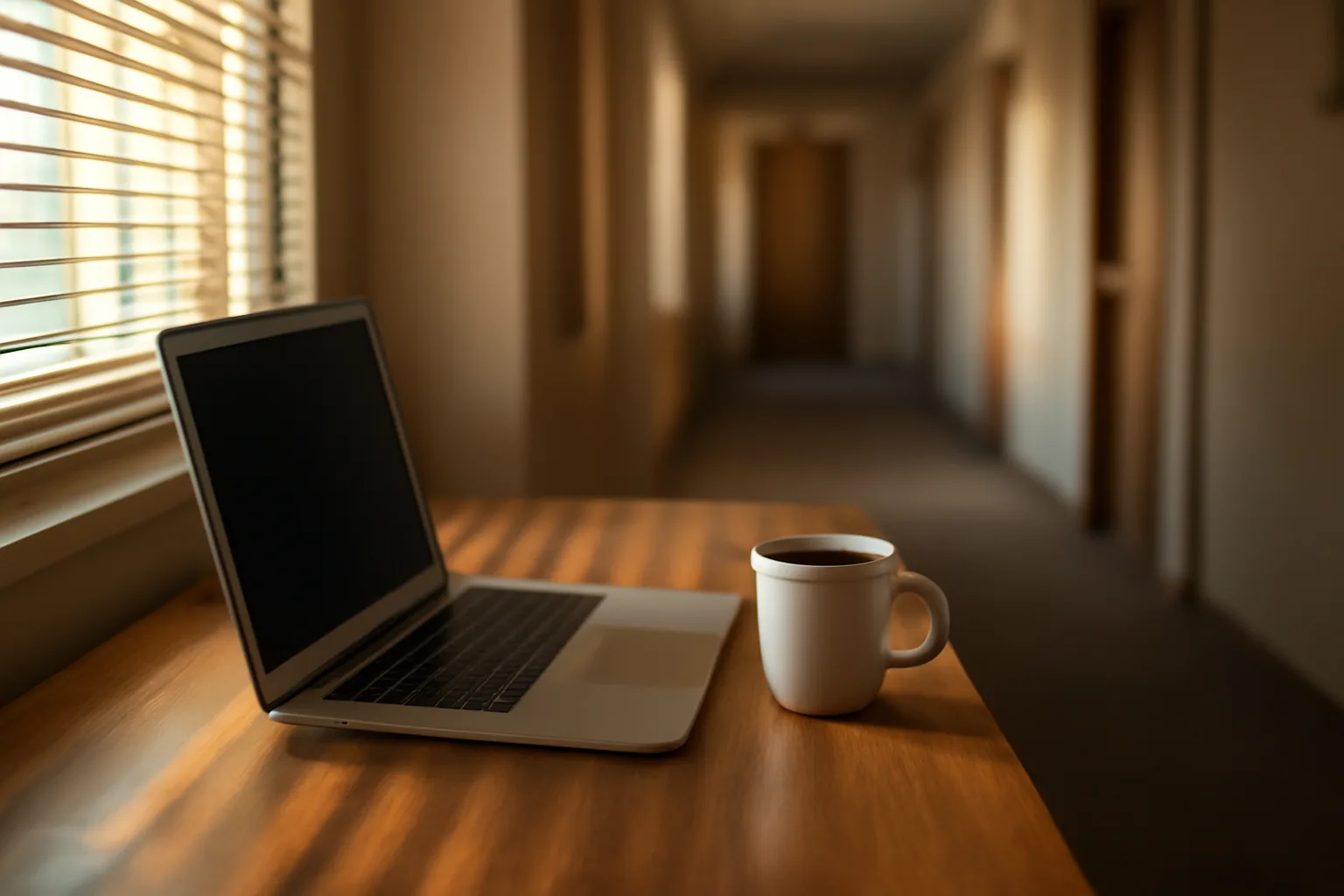 Administrator's desk inside a Washington assisted living facility office in morning light