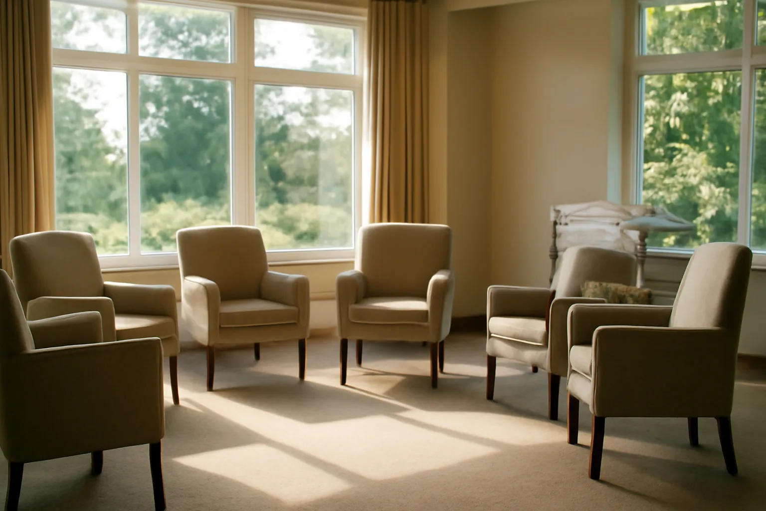 Sunlit common room in a Washington assisted living facility with empty armchairs and a linen cart