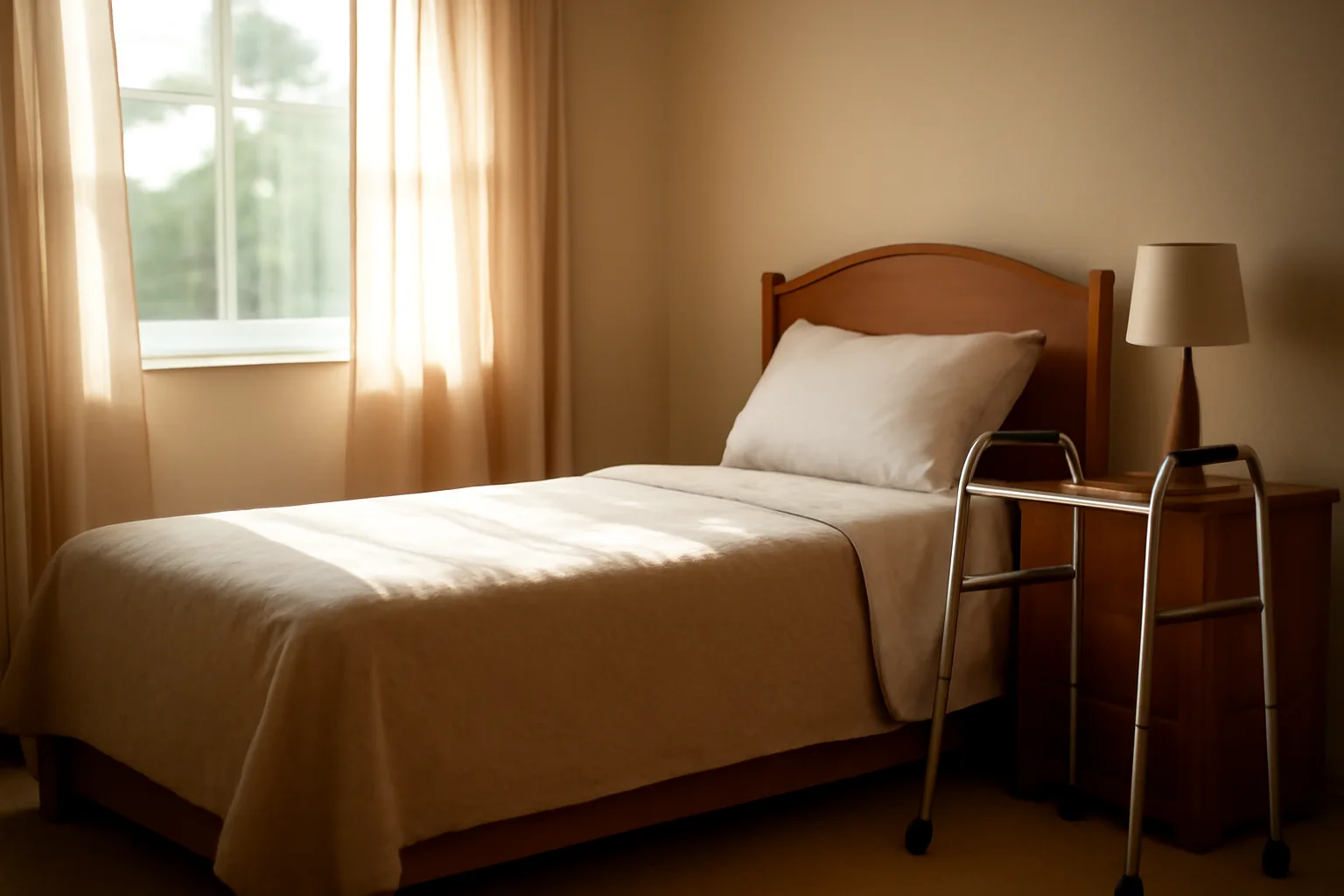 Quiet furnished bedroom in a residential group home with natural afternoon light