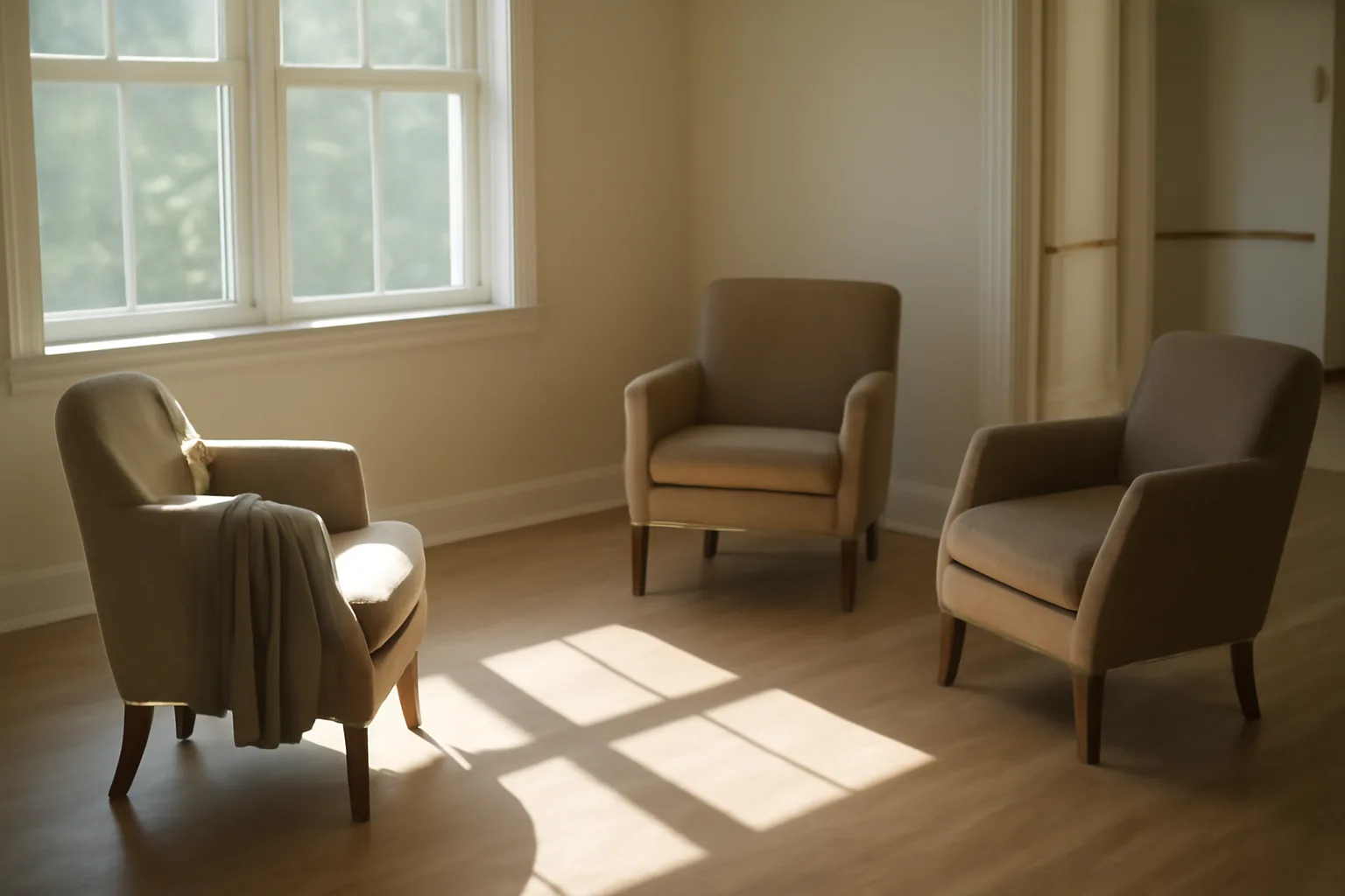 Sunlit living room in a residential home being prepared to open as a licensed group home